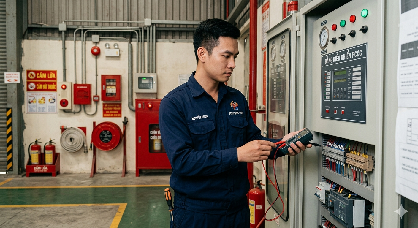 Kỹ thuật viên cửa hàng PCCC đang kiểm tra hệ thống