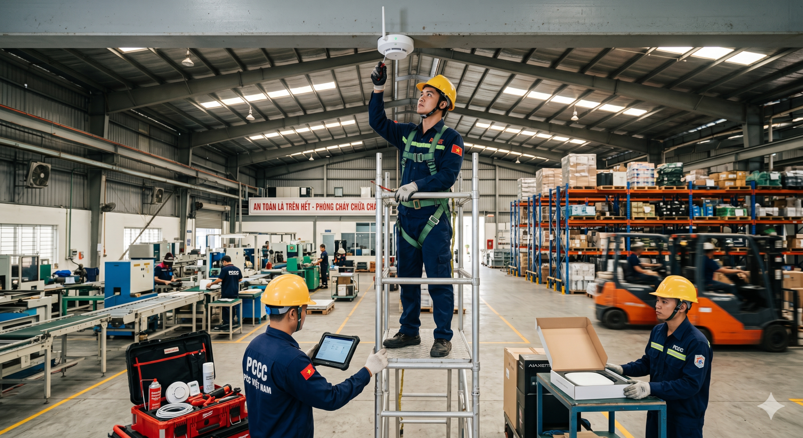 Kỹ thuật viên lắp đặt báo cháy không dây