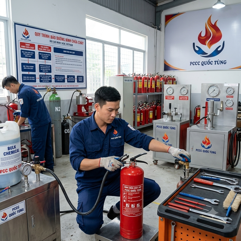 quy trình nạp bình chữa cháy chuẩn kỹ thuật tại xưởng